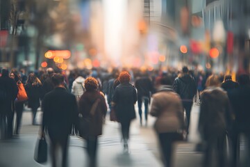 Crowd of people walking through busy city street with motion blur effect, urban rush and fast-paced lifestyle concept