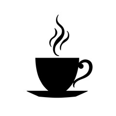 Minimalist black silhouette of a coffee cup with steam on a white background