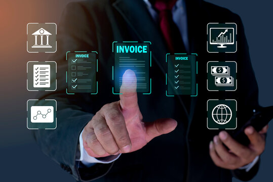 Business person using  smartphone invoice, E-invoice and online digital statements concept. payment processing, tax management, modern e-invoicing, financial technology.