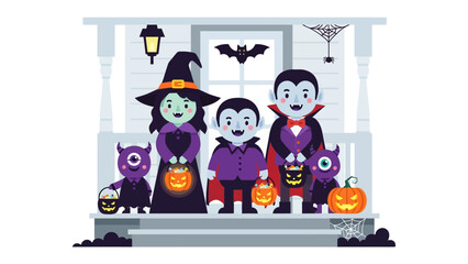Halloween Costume Celebration: Spooky family gathers on the porch, each in creative costumes, embracing the spirit of a Halloween night filled with fun.
