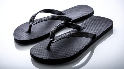 A pair of black flip-flops with textured soles and simple straps, placed together on a white background, representing casual and minimalist footwear.