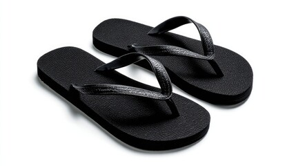 A pair of black flip-flops with textured soles and simple straps, placed together on a white background, representing casual and minimalist footwear.