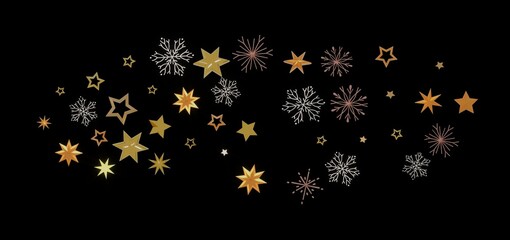 Beautiful festive design with gold stars and snowflakes on a black background. Perfect for Christmas and winter holidays.