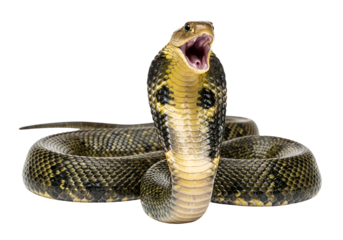 A venomous cobra, its scales showcasing a striking pattern of black, gold, and green, is posed against a black background, mouth agape in a threatening display.