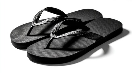 A pair of black flip-flops with textured soles and simple straps, placed together on a white background, representing casual and minimalist footwear.