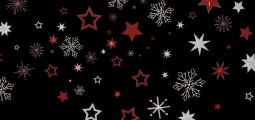 Festive Christmas or winter background with red and white stars and snowflakes on a black backdrop. Perfect for holiday designs.