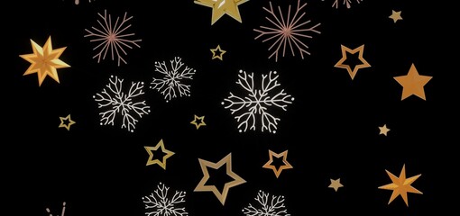 Elegant winter design with gold stars and snowflakes on a black background. Perfect for holiday cards, invitations, and more.