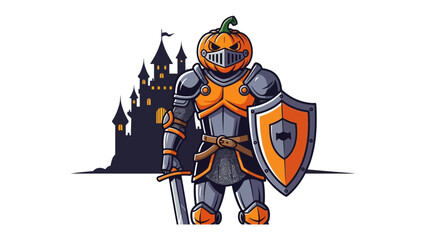 Halloween Knight: A formidable pumpkin-headed knight stands poised, sword in hand, before a gothic castle, a symbol of Halloween's spectral charm and the blend of bravery with mystery.