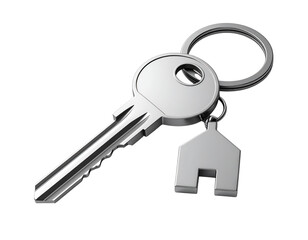 3D Silver House Key with Simple Keychain, Isolated on Transparent Background PNG