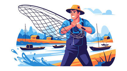 The Fisherman and His Dream Catch: A vivid illustration of a dedicated fisherman casting his net in pursuit of a day's catch.