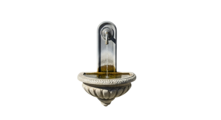Elegant stone wall fountain with a metal spout gracefully delivering water into a decorative basin, isolated on white, a timeless feature for gardens and architecture