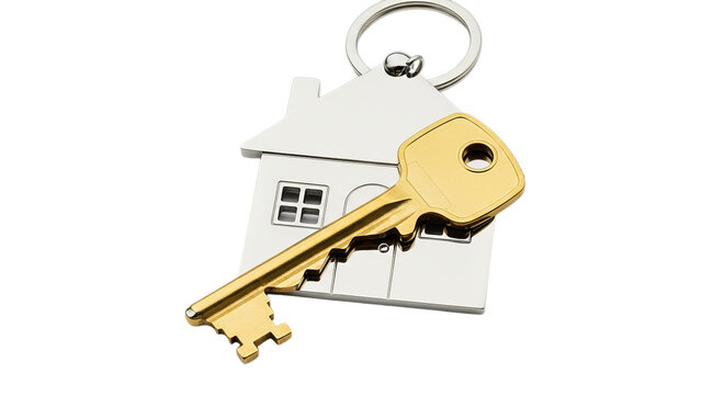 Close-up of a house-shaped keychain with a gold key, symbolizing homeownership, real estate, or property access in a clean, isolated view