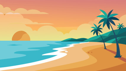 Obraz premium Serene tropical beach sunrise vector illustration with gentle waves and palm trees