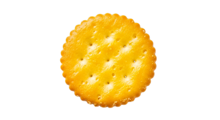 Crispy golden round cracker isolated on white background, showcasing its baked texture and uniform color, perfect for snacks and culinary creations