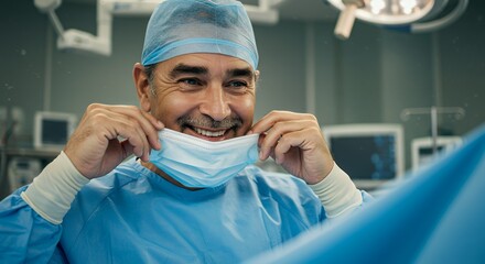 Happy surgeon in scrubs smiles, pulling down surgical mask in operating room