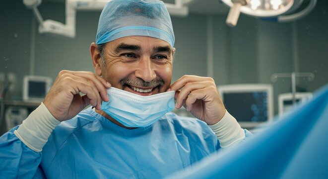Happy surgeon in scrubs smiles, pulling down surgical mask in operating room