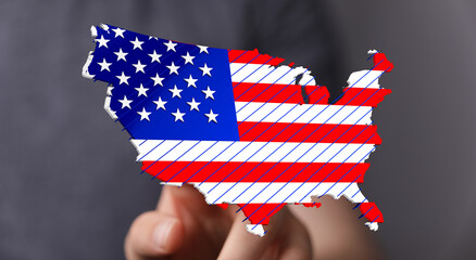 Digital illustration of the USA map designed with American flag colors. Perfect for patriotic themes.