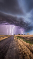 bolts flashing across dramatic dark storm clouds with intense glow