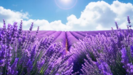 Obraz premium Vibrant purple lavender field under a bright sun and fluffy clouds