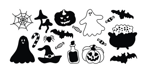 Halloween Vector Icons. Ghost, Pumpkin, Bat, Spider and Candy. Spooky Halloween Doodle Set. Black and White Vector