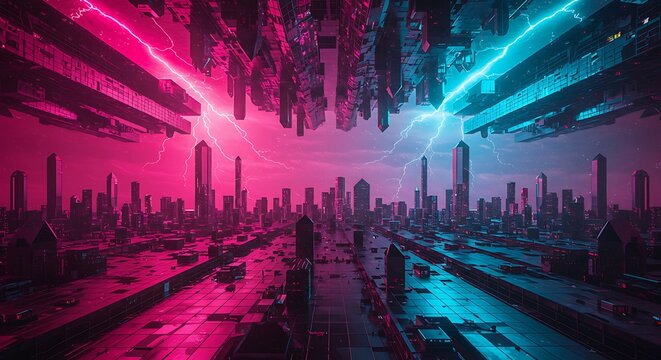 Futuristic cityscape with lightning strikes and floating structures in a vibrant pink and blue color scheme