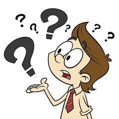 A cartoon illustration of a person with brown hair in a beige shirt and red-striped tie, looking puzzled with wide eyes and open mouth, surrounded by question marks to show confusion or curiosity.