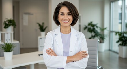 Smiling female doctor in lab coat with arms crossed in a professional medical office