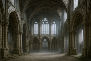 Fototapeta premium Grand Gothic Hall with Arched Windows and Stone Columns, Evoking History and Architectural Splendor
