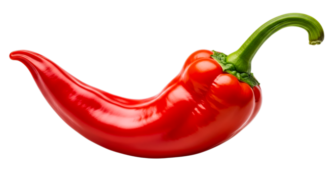 A vibrant red chili pepper, a symbol of heat and flavor, isolated on a clean white background, perfect for culinary themes and ingredient showcases