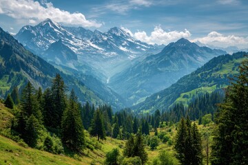 Obraz premium Swiss Alps mountain range with lush forest valleys and meadows, countryside in Switzerland landscape. Snowy mountain tops in the horizon, travel destination wallpaper background See Less