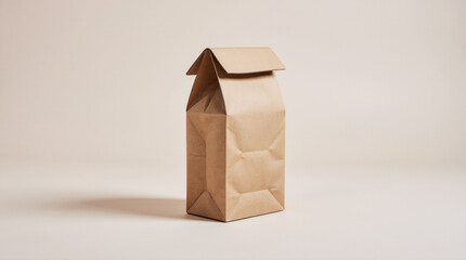 Compostable sugarcane clamshell takeout box on a light warm gray background, clean eye-level studio shot with soft grounded shadow