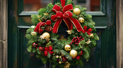 A classic wreath of pine and holly, with shiny red ribbons and gold accents, hangs on a front door, bringing holiday cheer and signaling the start of Christmas festivities.