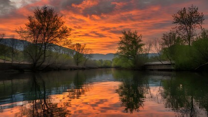 Sunrise River with Fiery Sky and Mountains