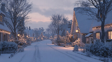 Snowflakes drift down on a charming village, where houses glow with colorful Christmas lights, creating a tranquil and picturesque winter scene.