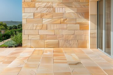 Fototapeta premium Elegant Sandstone Wall and Paving Detail with Natural Light, Modern Exterior Architecture and Landscape