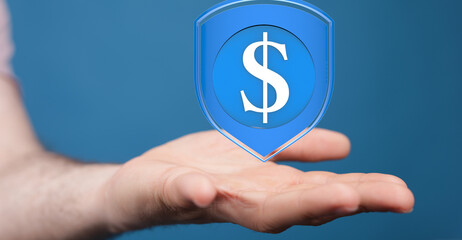 Hand holding a digital shield with a dollar sign, symbolizing financial security and protection.