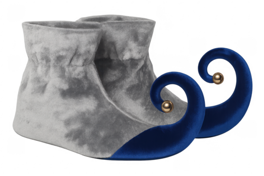 Pair of gray and blue elf shoes with curly toes on transparent background