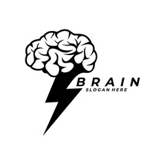 Fast brain think logo design vector. Brain Bolt logo icon. Brain with lighting vector