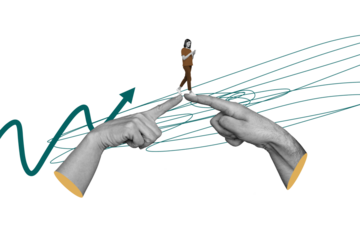 Composite photo collage of happy business girl walk people cooperation index finger surf phone arrow growth isolated on painted background