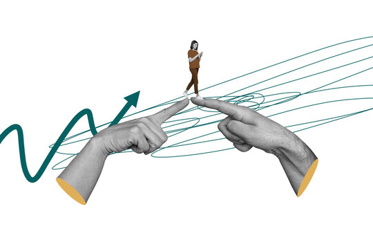 Composite photo collage of happy business girl walk people cooperation index finger surf phone arrow growth isolated on painted background