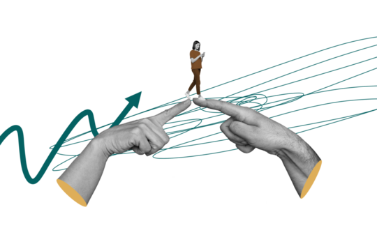 Composite photo collage of happy business girl walk people cooperation index finger surf phone arrow growth isolated on painted background