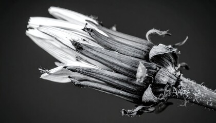 Close-up monochrome view of a dried dandelion seed head