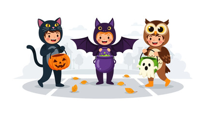 Naklejka premium Spirited Halloween Gathering: A charming gathering of three children in adorable costumes, including a cat, a bat, and an owl, gleefully embracing the Halloween spirit with treats.