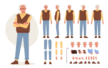Elderly man with crossed arms. Character constructor for animation. Front, side and back view set. Body parts, postures, poses collection. Vector illustration.