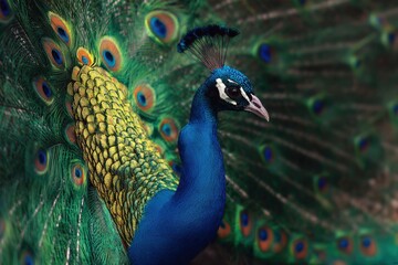 Obraz premium Majestic Peacock Displaying Vibrant Feathers, Iridescent Plumage, Captivating Eyespot Pattern, Symbolizing Beauty, Pride, and Exotic Wildlife