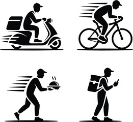 Transport Courier Icon Set – Scooter, Cycle, Walking & Backpack Delivery Vectors