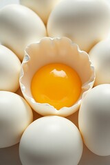 Close-up of a single egg yolk surrounded by whole eggs