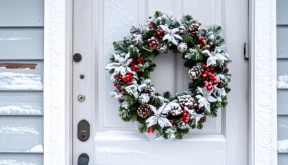 Snow Kissed Evergreen Wreath with Red Berries on White Door Winter Holiday Decor Background with White Trim and Gray Siding