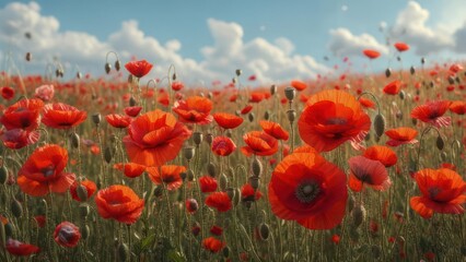 Obraz premium Vibrant red poppies sway gently in a vast field under a bright, partly cloudy sky
