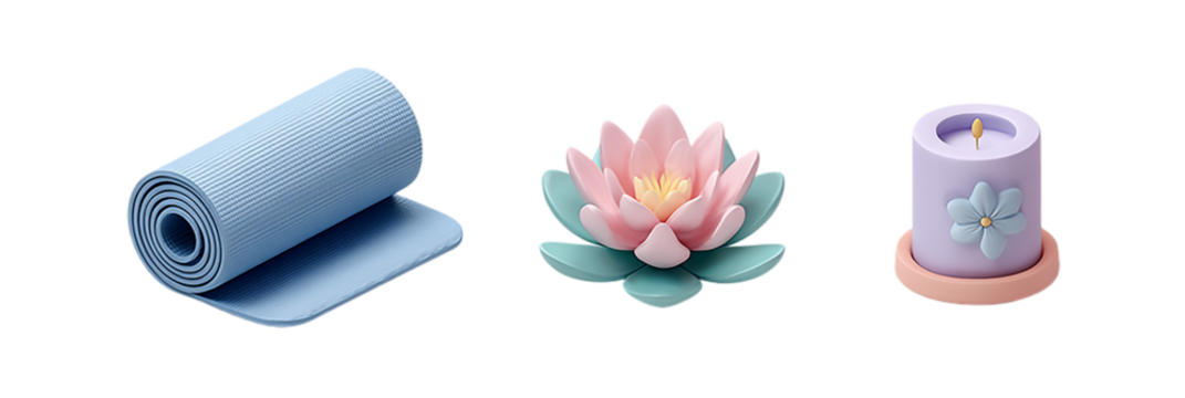 Still life of yoga mat lotus flower and candle on a  isolated on transparent background